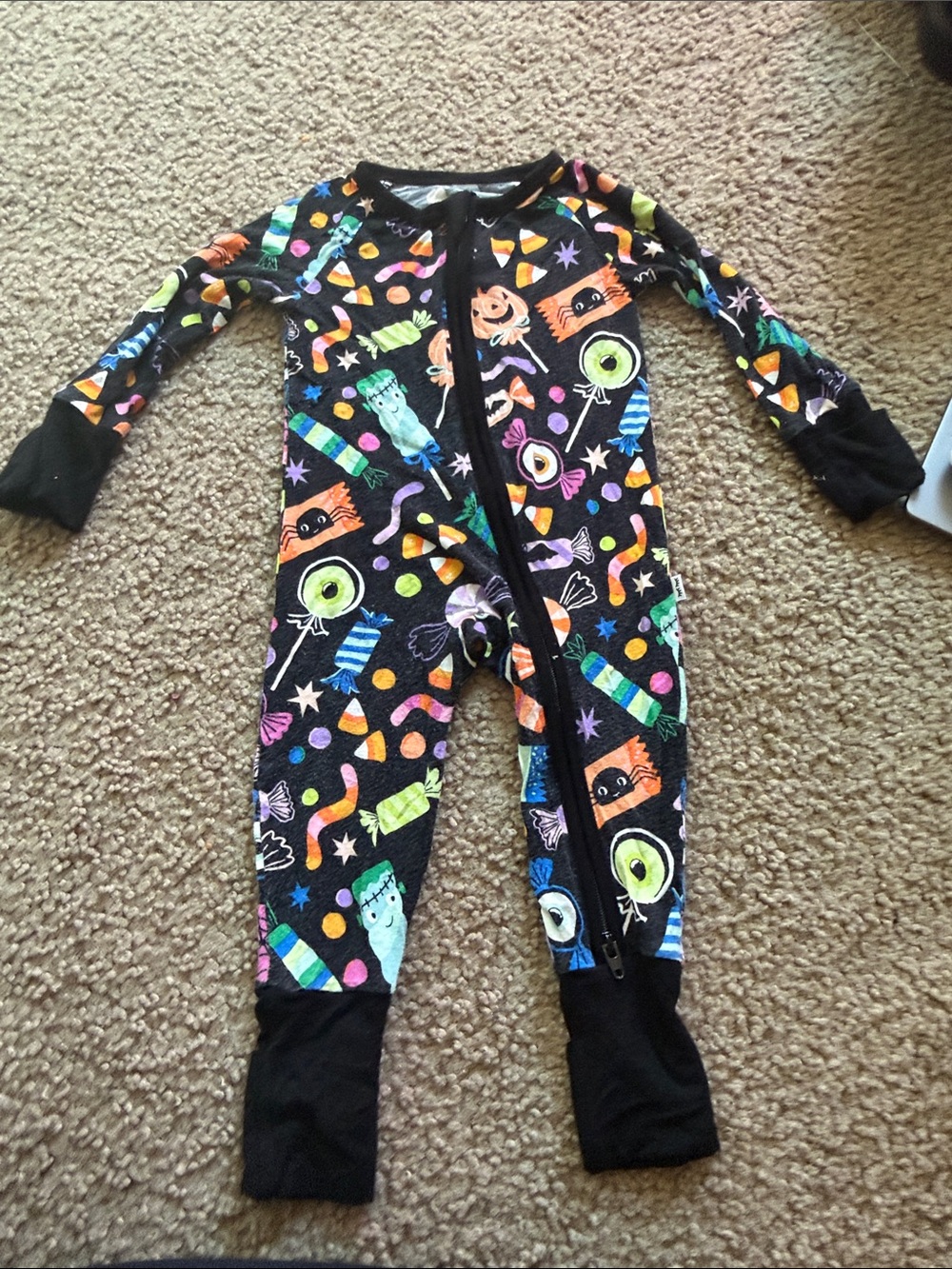 B62 Little Sleepies Bamboo 0-3 Black Halloween Candy Print One-Piece Pajamas